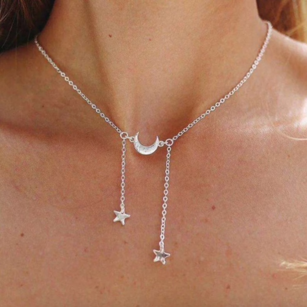 Silver Color Moon and Stars Tassel Choker Necklace